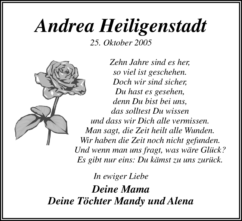  Traueranzeige für Andrea Heiligenstadt vom 24.10.2015 aus Stadtspiegel Bottrop