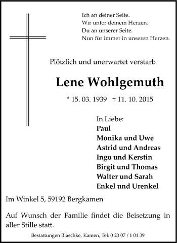 Traueranzeige von Lene Wohlgemuth von Stadtspiegel Kamen + Unna