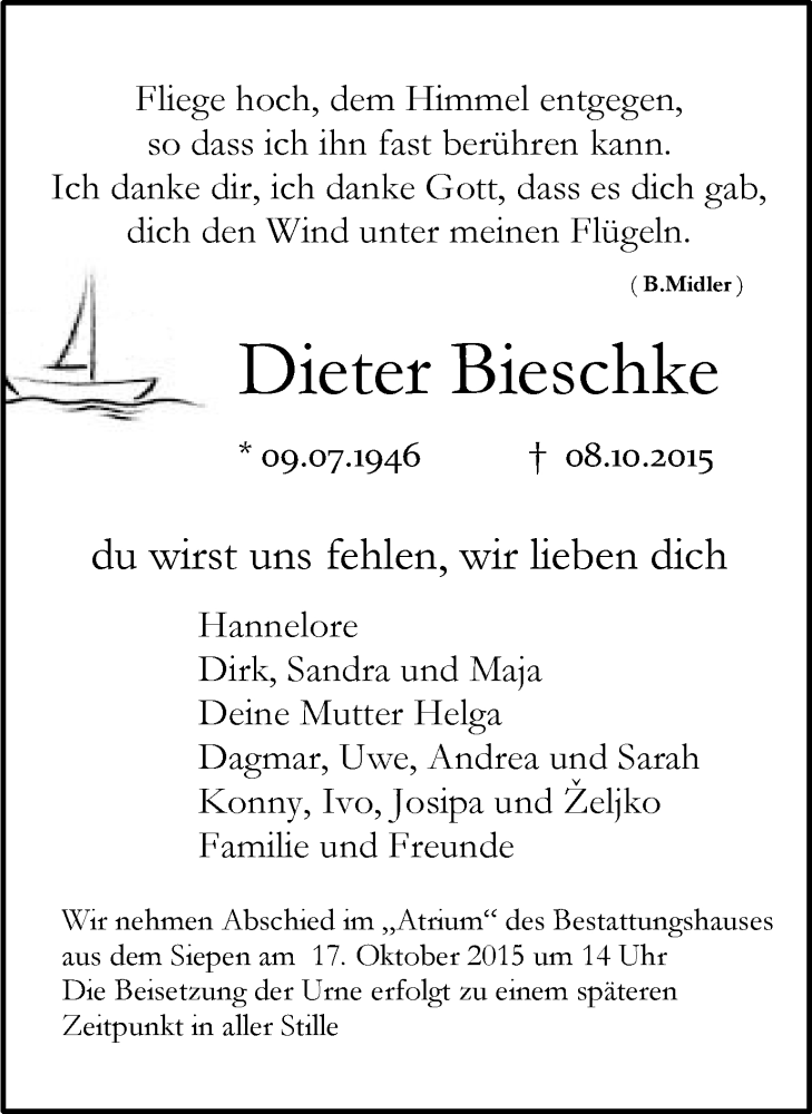  Traueranzeige für Dieter Bieschke vom 14.10.2015 aus Mülheimer Woche