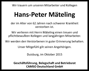 Traueranzeige von Hans-Peter Mäteling von Mülheimer Woche