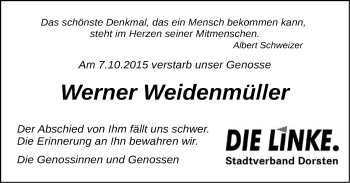 Traueranzeige von Werner Weidenmüller von Stadtspiegel Haltern + Dorsten