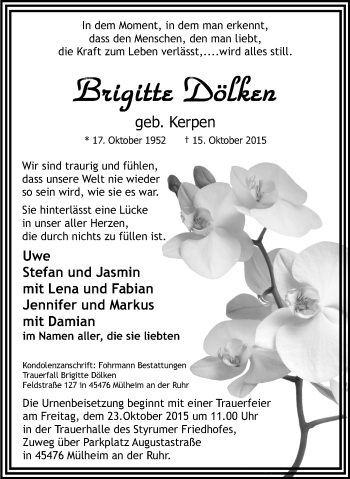 Traueranzeige von Brigitte Dölker von Mülheimer Woche