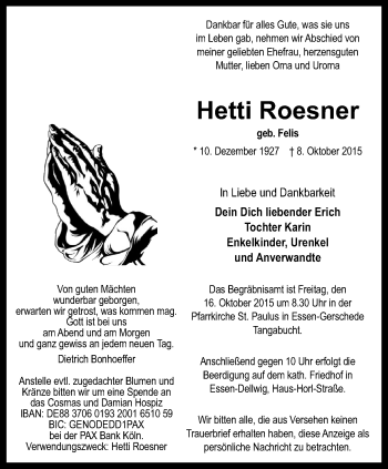 Traueranzeige von Hetti Roesner von Borbeck Kurier