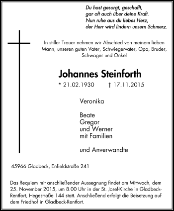 Traueranzeige von Johannes Steinforth von Stadtspiegel Gladbeck