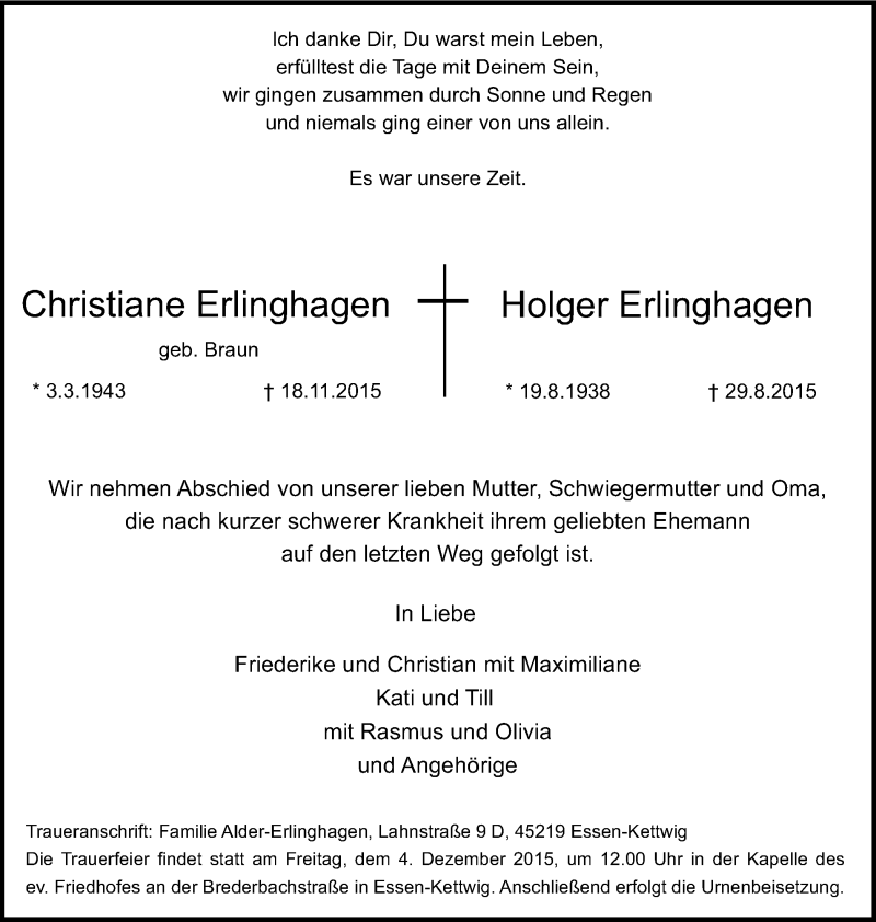  Traueranzeige für Christiane und Holger Erlinghagen vom 28.11.2015 aus Kettwig Kurier