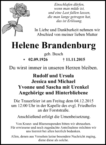 Traueranzeige von Helene Brandenburg von Wochen-Anzeiger Oberhausen