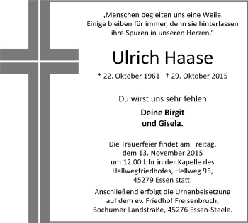 Traueranzeige von Ulrich Haase von Borbeck Kurier