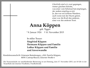 Traueranzeige von Anna Köppen von Stadtanz.Castrop-Rauxel