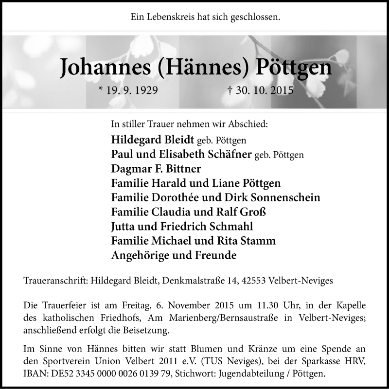  Traueranzeige für Johannes Hännes Pöttgen vom 04.11.2015 aus Stadtanzeiger Velbert + Heiligenhaus