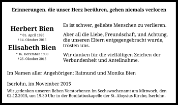 Traueranzeige von Herbert und Elisabeth Bien von Stadtspiegel Iserlohn + Hemer