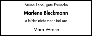 Traueranzeige von Marlene Bleckmann von Mülheimer Woche