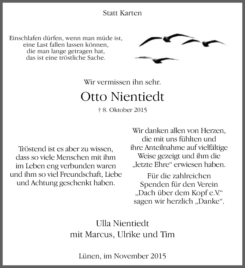  Traueranzeige für Otto Nientiedt vom 04.11.2015 aus Lüner Anzeiger