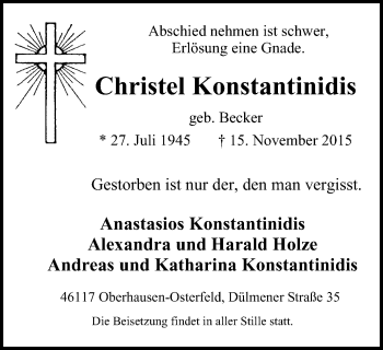 Traueranzeige von Christel Konstantinidis von Stadtspiegel Bottrop