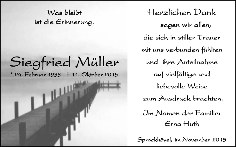  Traueranzeige für Siegfried Müller vom 21.11.2015 aus Stadtspiegel Hattingen/Niedersprockhövel