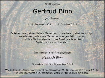 Traueranzeige von Gertrud Binn von Gocher Wochenblatt