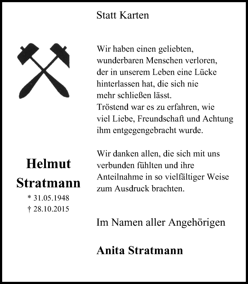  Traueranzeige für Helmut Stratmann vom 28.11.2015 aus Lüner Anzeiger