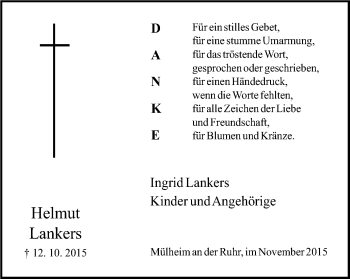 Traueranzeige von Helmut Lankers von Mülheimer Woche