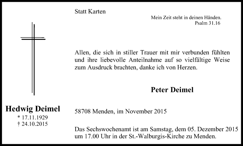  Traueranzeige für Hedwig Deimel vom 28.11.2015 aus Stadtspiegel Menden + Froendenberg