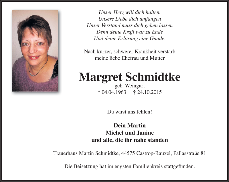  Traueranzeige für Margret Schmidtke vom 14.11.2015 aus Stadtanz.Castrop-Rauxel