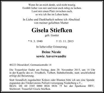 Traueranzeige von Gisela Stiefken von Stadtanzeiger Velbert + Heiligenhaus