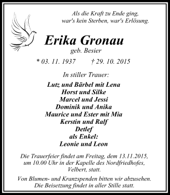 Traueranzeige von Erika Gronau von Stadtanzeiger Velbert + Heiligenhaus