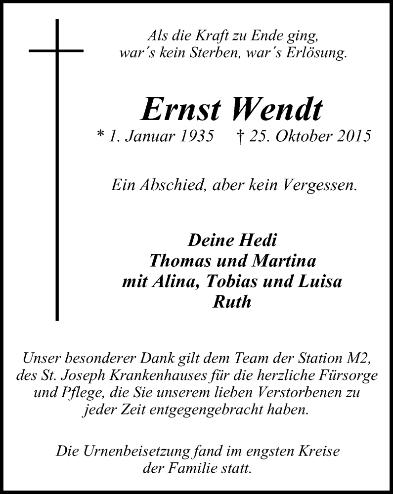  Traueranzeige für Ernst Wendt vom 18.11.2015 aus Wochen-Anzeiger Oberhausen