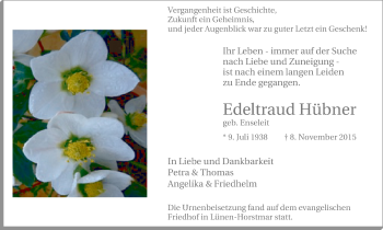 Traueranzeige von Edeltraud Hübner von Lüner Anzeiger
