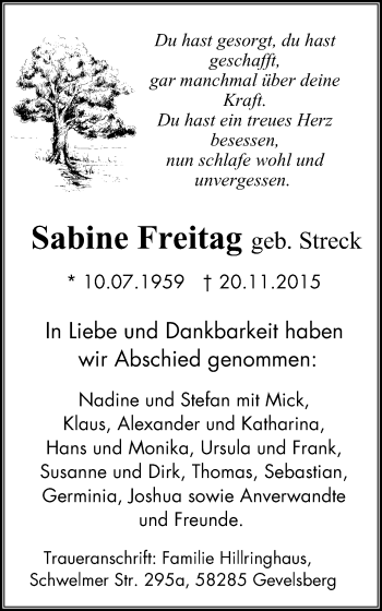 Traueranzeige von Sabine Freitag von wap Schwelm/Gevelsberg/Ennepetal