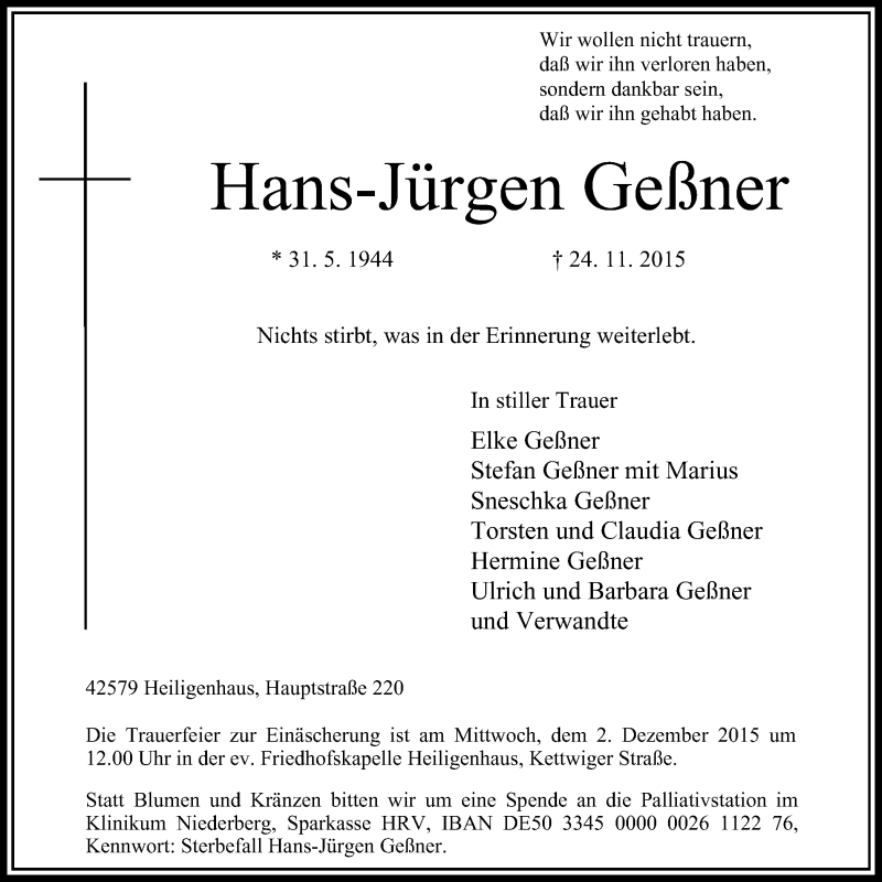  Traueranzeige für Hans-Jürgen Geßner vom 28.11.2015 aus Stadtanzeiger Velbert + Heiligenhaus
