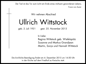 Traueranzeige von Ullrich Wittstock von Stadtanzeiger Velbert + Heiligenhaus
