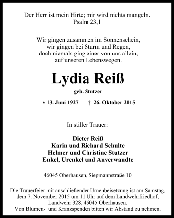 Traueranzeige von Lydia Reiß von Wochen-Anzeiger Oberhausen
