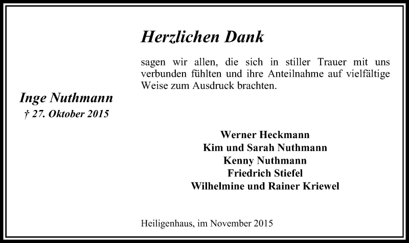 Traueranzeige für Inge Nuthmann vom 21.11.2015 aus Stadtanzeiger Velbert + Heiligenhaus