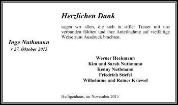 Traueranzeige von Inge Nuthmann von Stadtanzeiger Velbert + Heiligenhaus