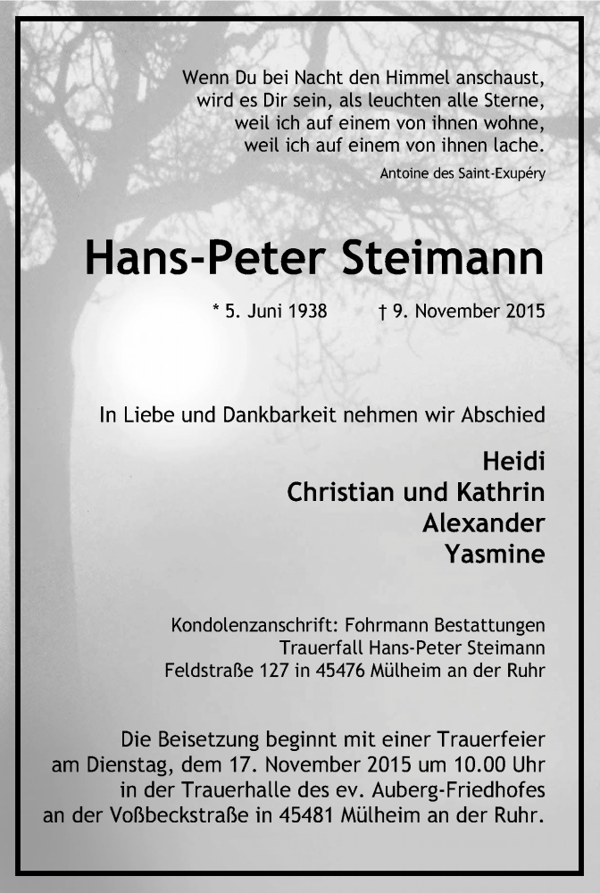  Traueranzeige für Hans-Peter Steimann vom 14.11.2015 aus Mülheimer Woche