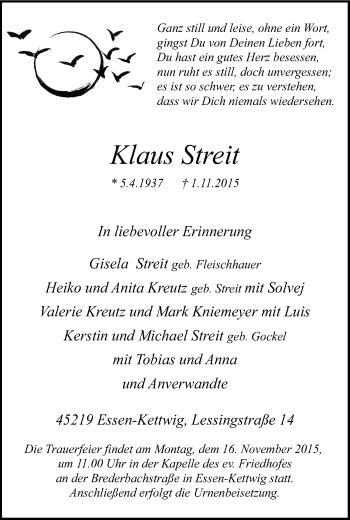 Traueranzeige von Klaus Streit von Kettwig Kurier