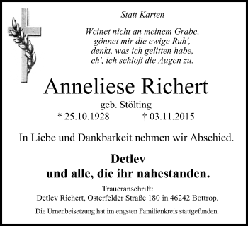 Traueranzeige von Anneliese Richert von Stadtspiegel Bottrop