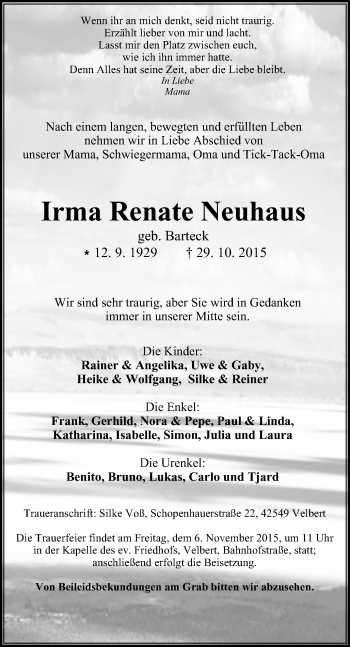Traueranzeige von Irma Renate Neuhaus von Stadtanzeiger Velbert + Heiligenhaus