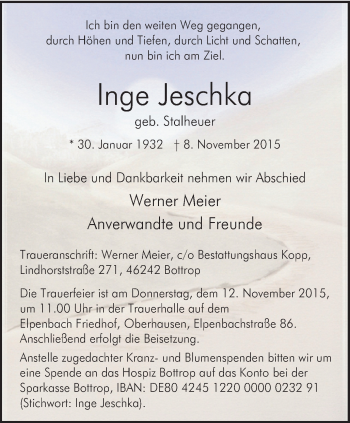 Traueranzeige von Inge Jeschka von Stadtspiegel Bottrop