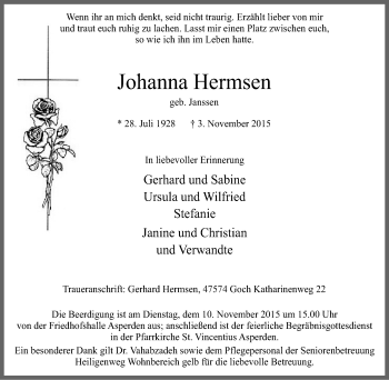 Traueranzeige von Johanna Hermsen von Gocher Wochenblatt