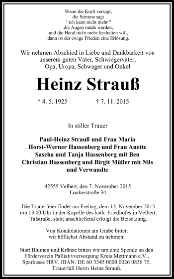 Traueranzeige von Heinz Strauß von Stadtanzeiger Velbert + Heiligenhaus