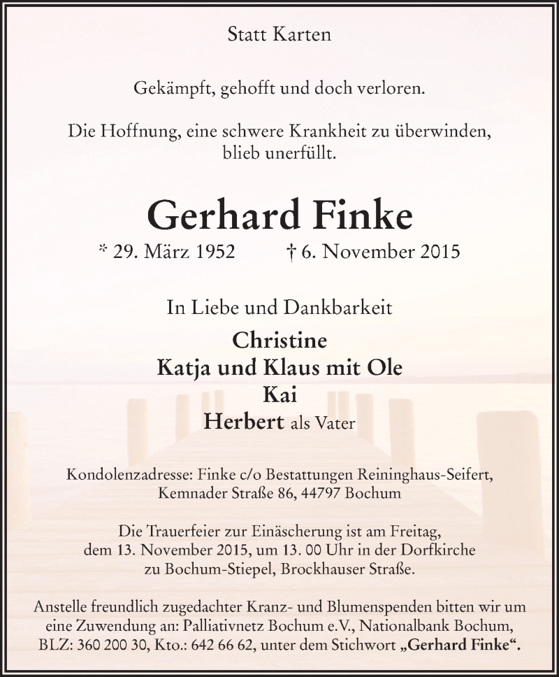  Traueranzeige für Gerhard Finke vom 11.11.2015 aus Stadtspiegel Bochum
