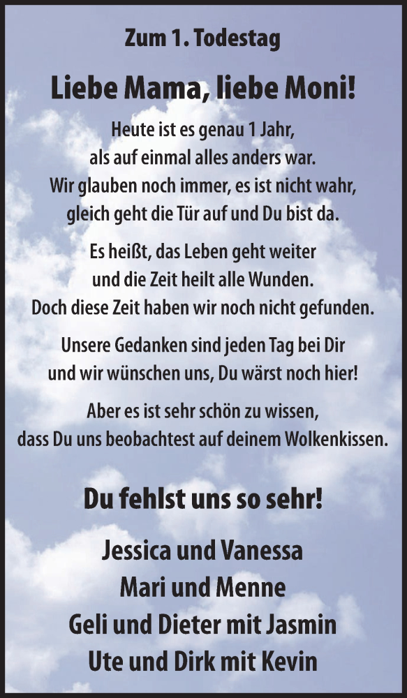  Traueranzeige für Moni  vom 28.11.2015 aus Wochen-Anzeiger Oberhausen