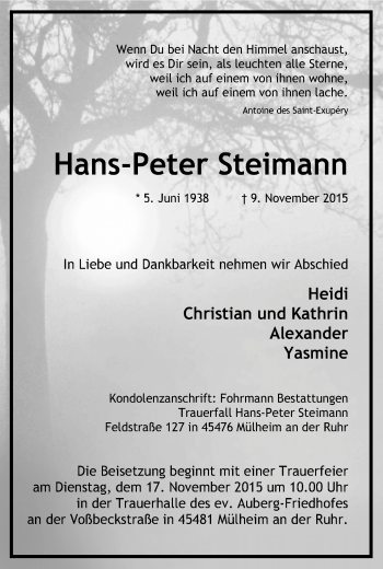 Traueranzeige von Hans-Peter Steimann von Mülheimer Woche