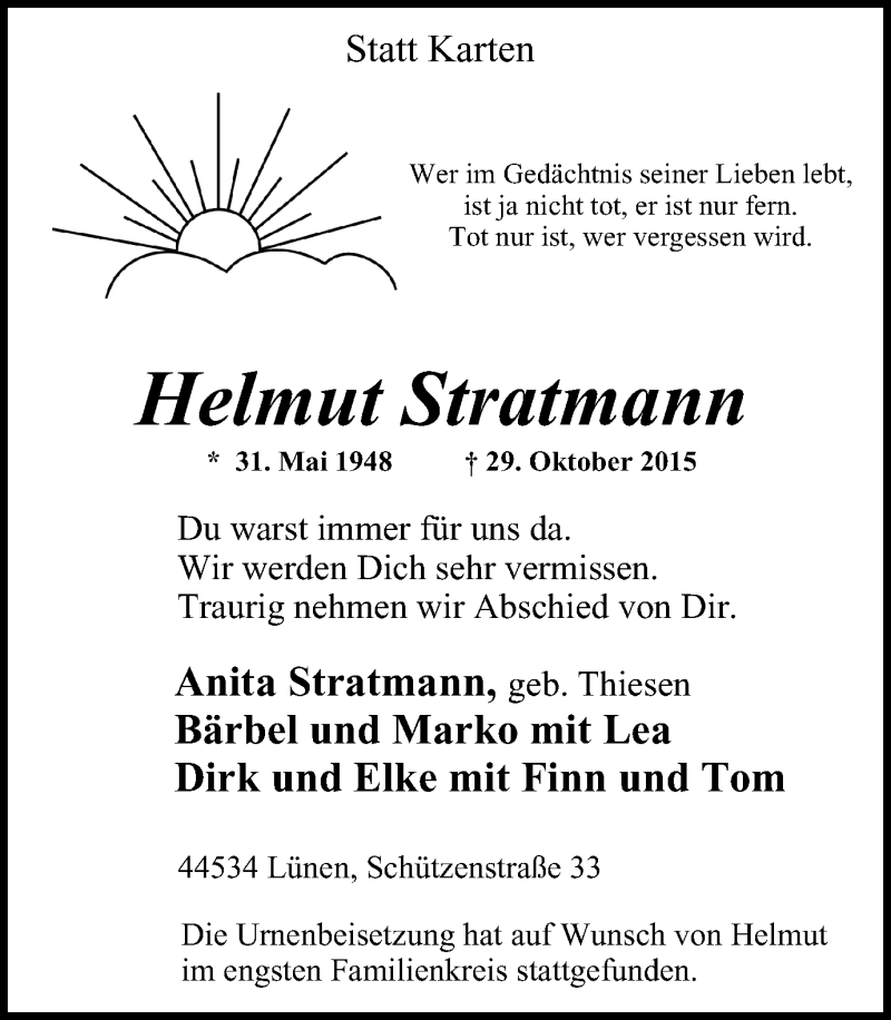  Traueranzeige für Helmut Stratmann vom 11.11.2015 aus Lüner Anzeiger