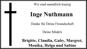 Traueranzeige von Inge Nuthmann von Stadtanzeiger Velbert + Heiligenhaus