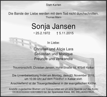 Traueranzeige von Sonja Jansen von Klever Wochenblatt