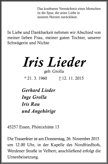 Traueranzeige von Iris Lieder von Stadtanzeiger Velbert + Heiligenhaus