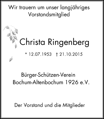 Traueranzeige von Christa Ringenberg von Stadtspiegel Bochum