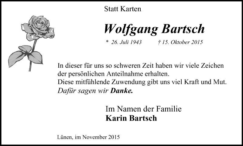  Traueranzeige für Wolfgang Bartsch vom 21.11.2015 aus Lüner Anzeiger