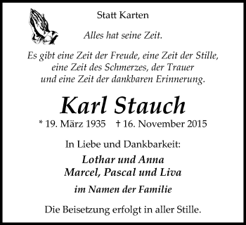 Traueranzeige von Karl Stauch von Wochen-Anzeiger Oberhausen